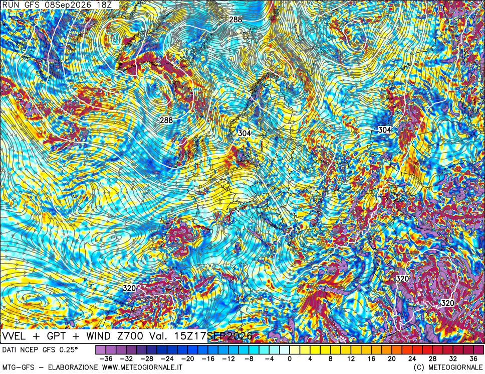 mappa 700 hPa Velocità verticiali + GPT + Vento