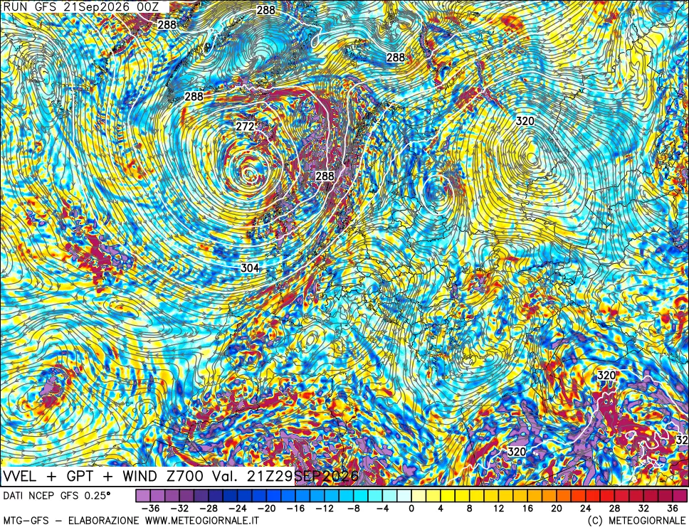 mappa 700 hPa Velocità verticiali + GPT + Vento