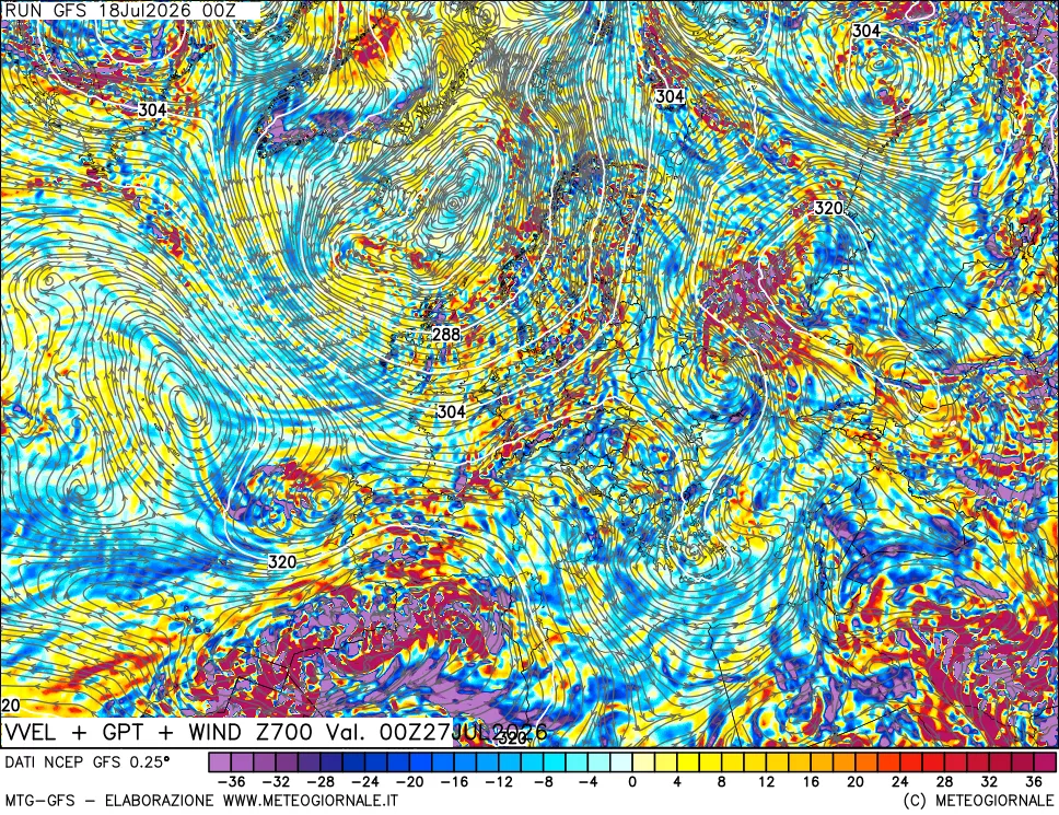 mappa 700 hPa Velocità verticiali + GPT + Vento