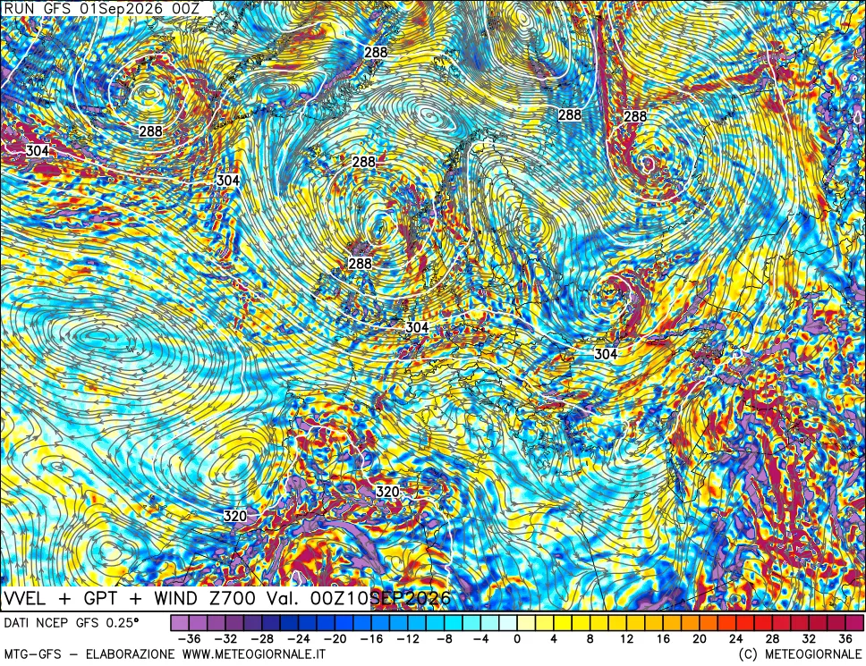 mappa 700 hPa Velocità verticiali + GPT + Vento