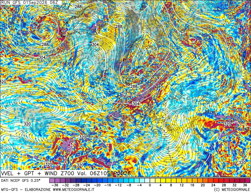 mappa 700 hPa Velocità verticiali + GPT + Vento