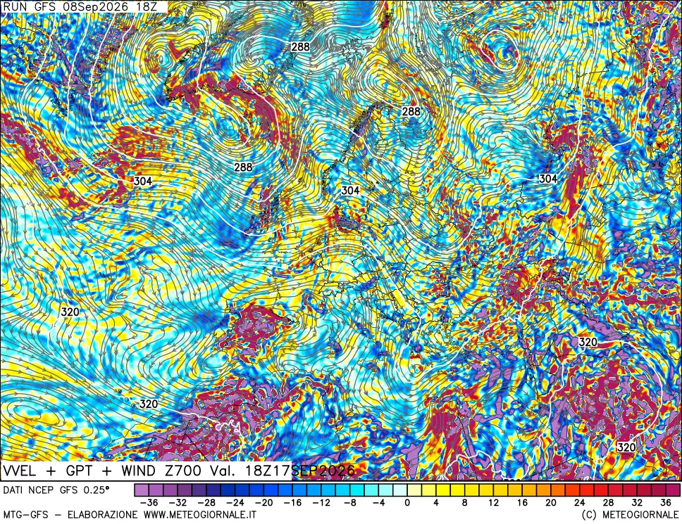 mappa 700 hPa Velocità verticiali + GPT + Vento