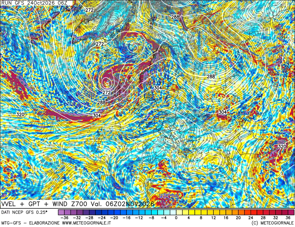 mappa 700 hPa Velocità verticiali + GPT + Vento