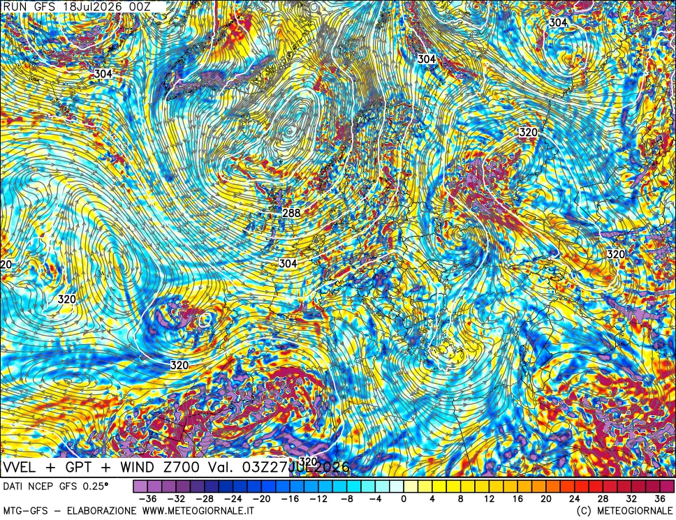 mappa 700 hPa Velocità verticiali + GPT + Vento