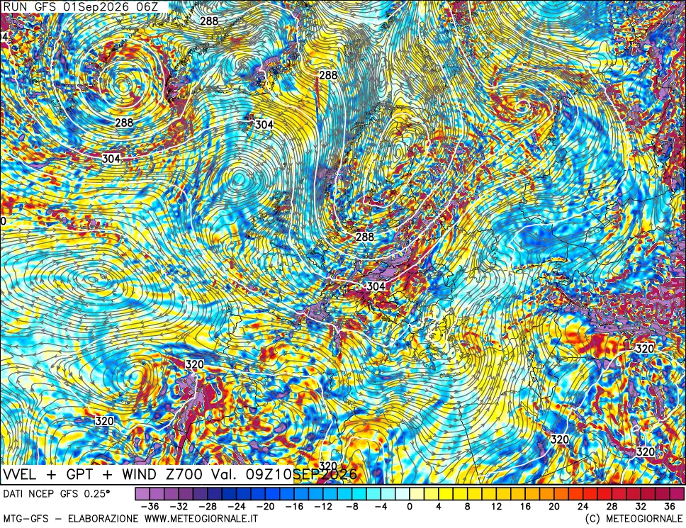 mappa 700 hPa Velocità verticiali + GPT + Vento