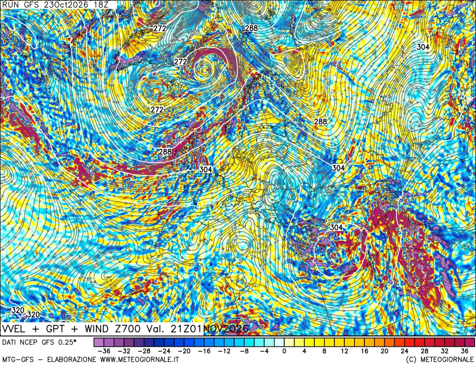 mappa 700 hPa Velocità verticiali + GPT + Vento