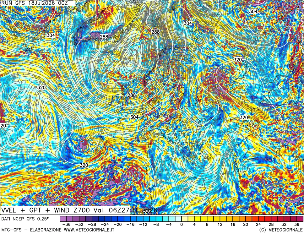 mappa 700 hPa Velocità verticiali + GPT + Vento