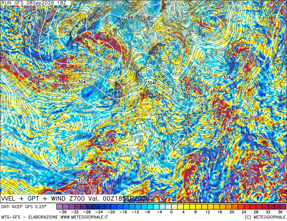 mappa 700 hPa Velocità verticiali + GPT + Vento