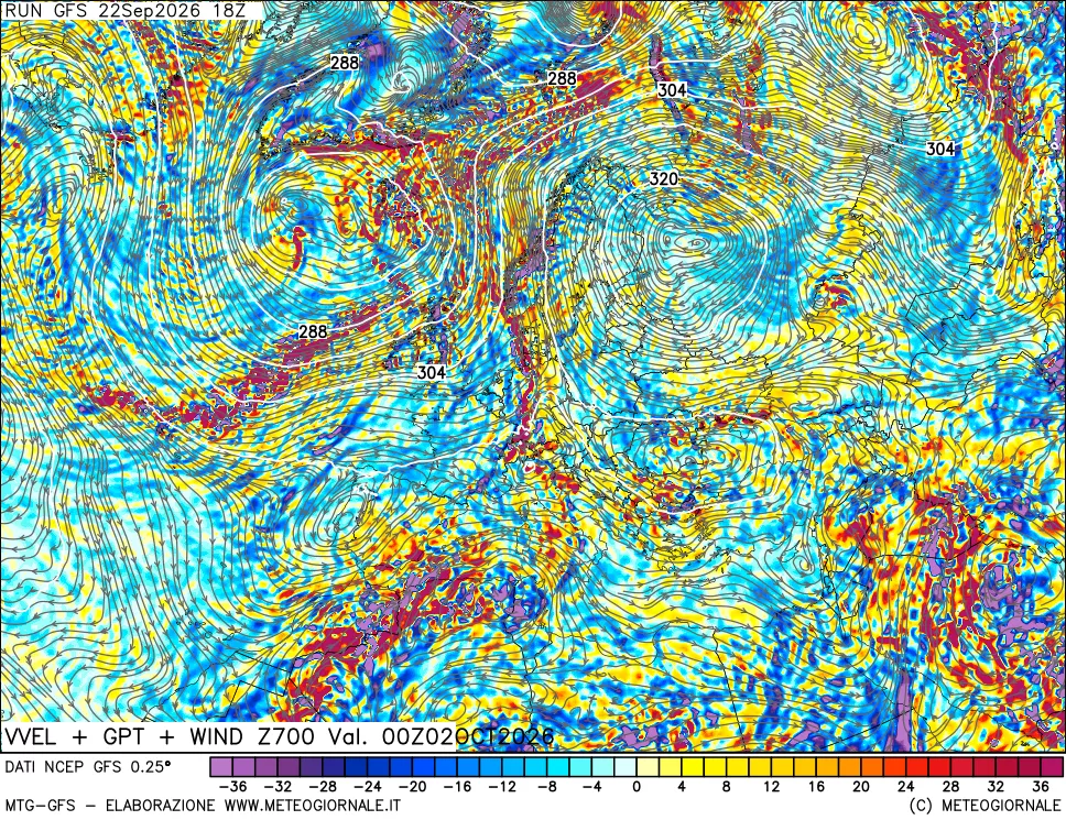 mappa 700 hPa Velocità verticiali + GPT + Vento