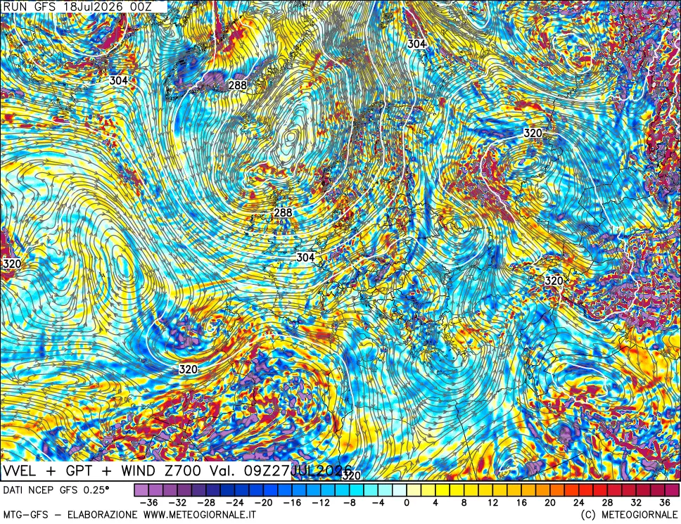 mappa 700 hPa Velocità verticiali + GPT + Vento