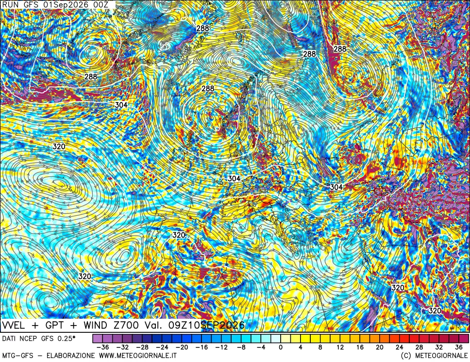 mappa 700 hPa Velocità verticiali + GPT + Vento