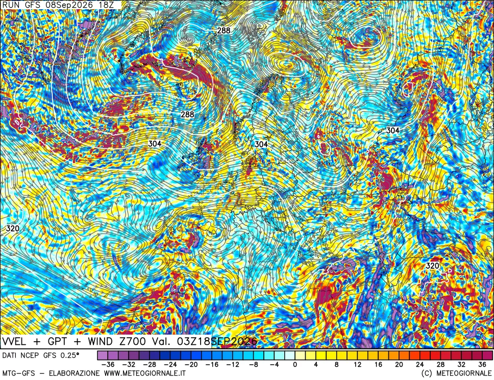 mappa 700 hPa Velocità verticiali + GPT + Vento