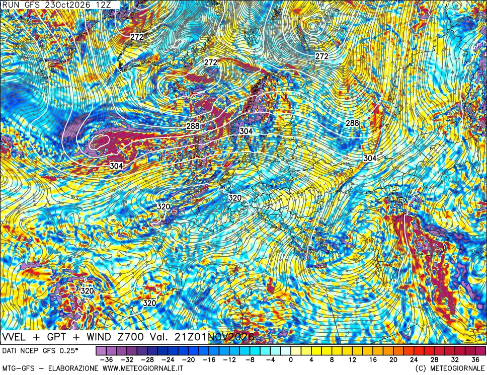 mappa 700 hPa Velocità verticiali + GPT + Vento