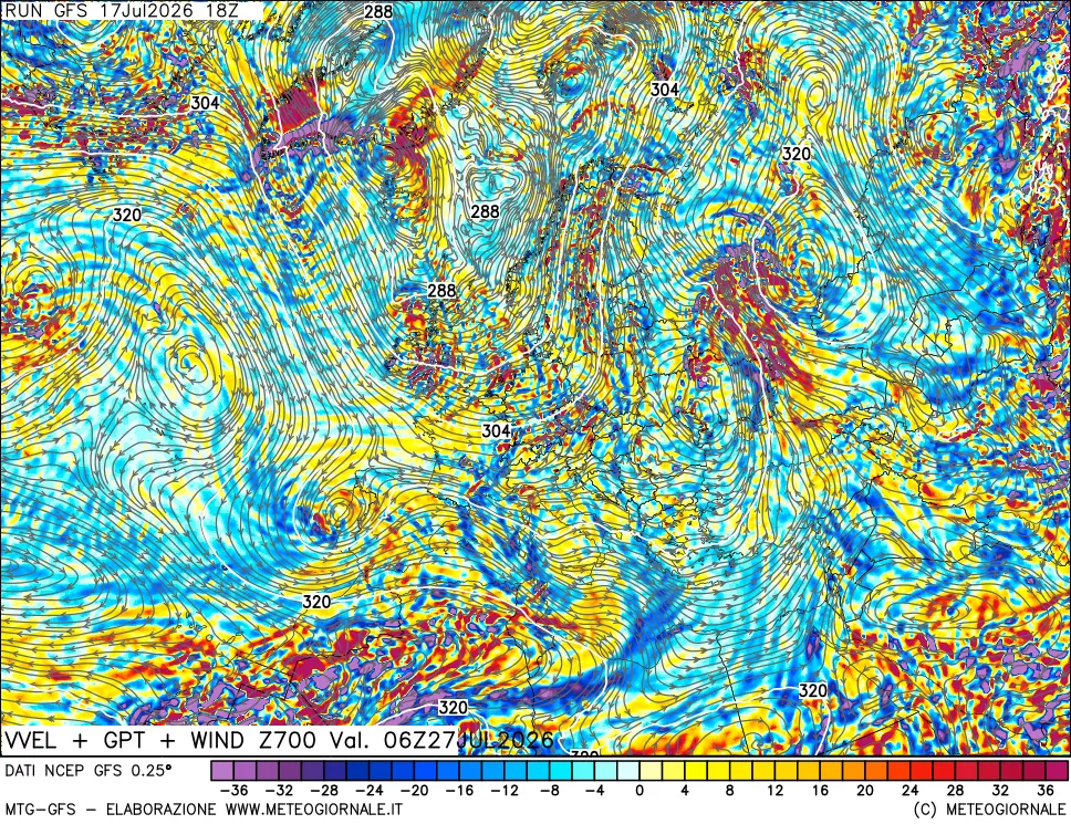 mappa 700 hPa Velocità verticiali + GPT + Vento