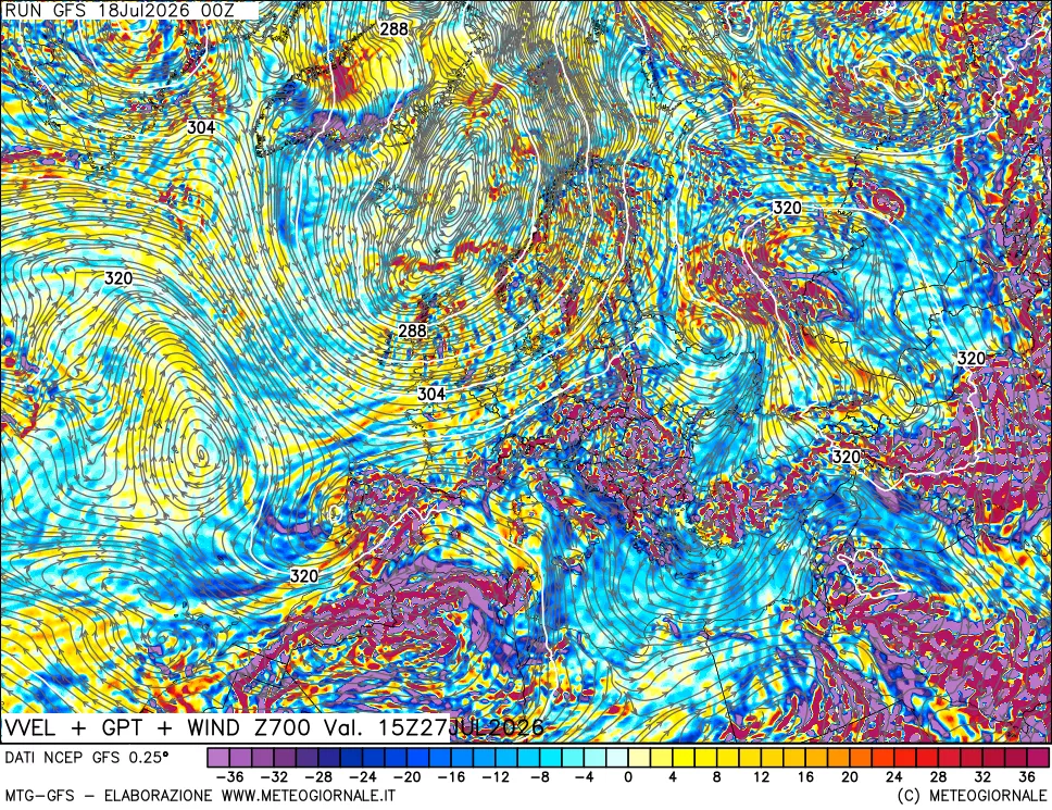 mappa 700 hPa Velocità verticiali + GPT + Vento