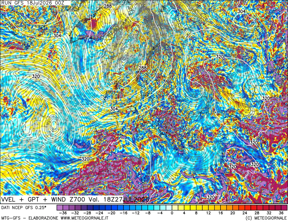 mappa 700 hPa Velocità verticiali + GPT + Vento