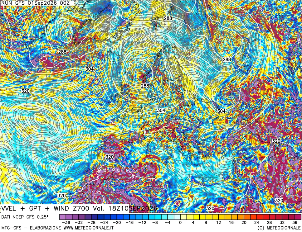 mappa 700 hPa Velocità verticiali + GPT + Vento