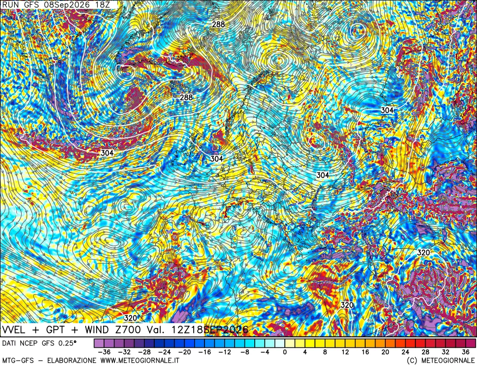 mappa 700 hPa Velocità verticiali + GPT + Vento