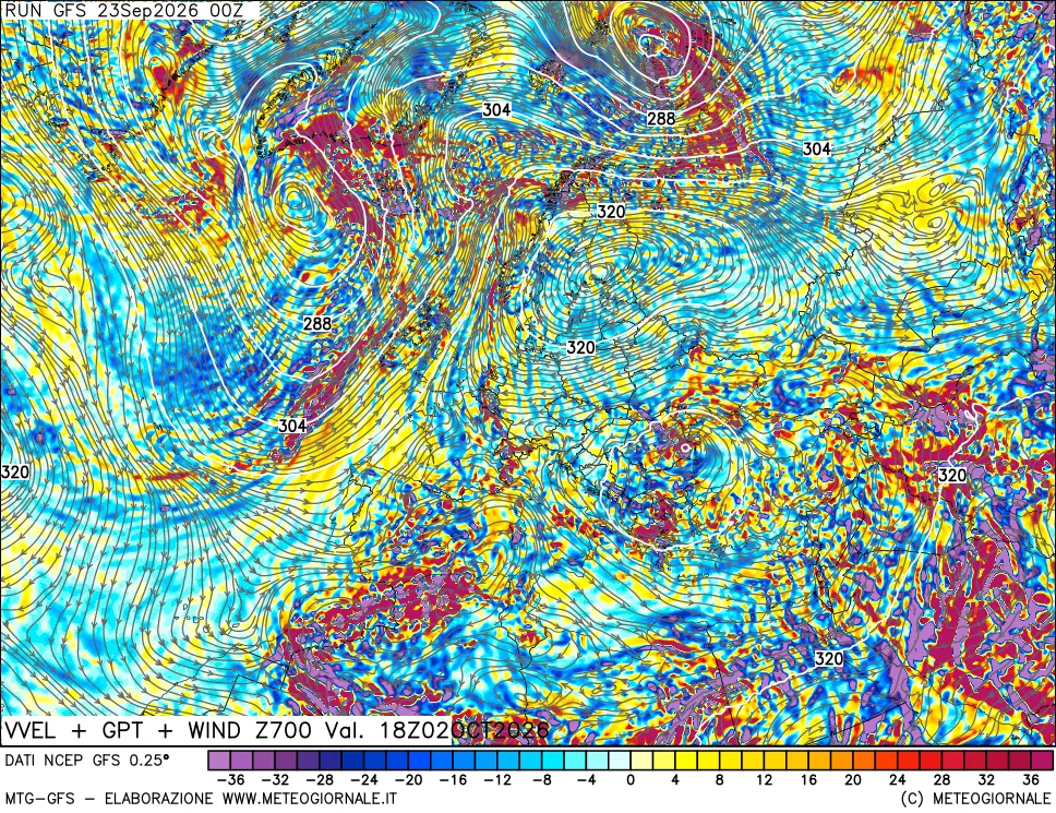 mappa 700 hPa Velocità verticiali + GPT + Vento