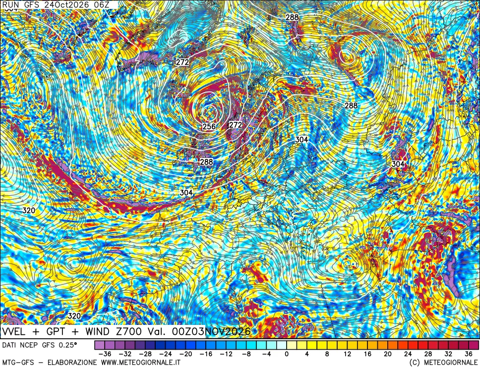 mappa 700 hPa Velocità verticiali + GPT + Vento