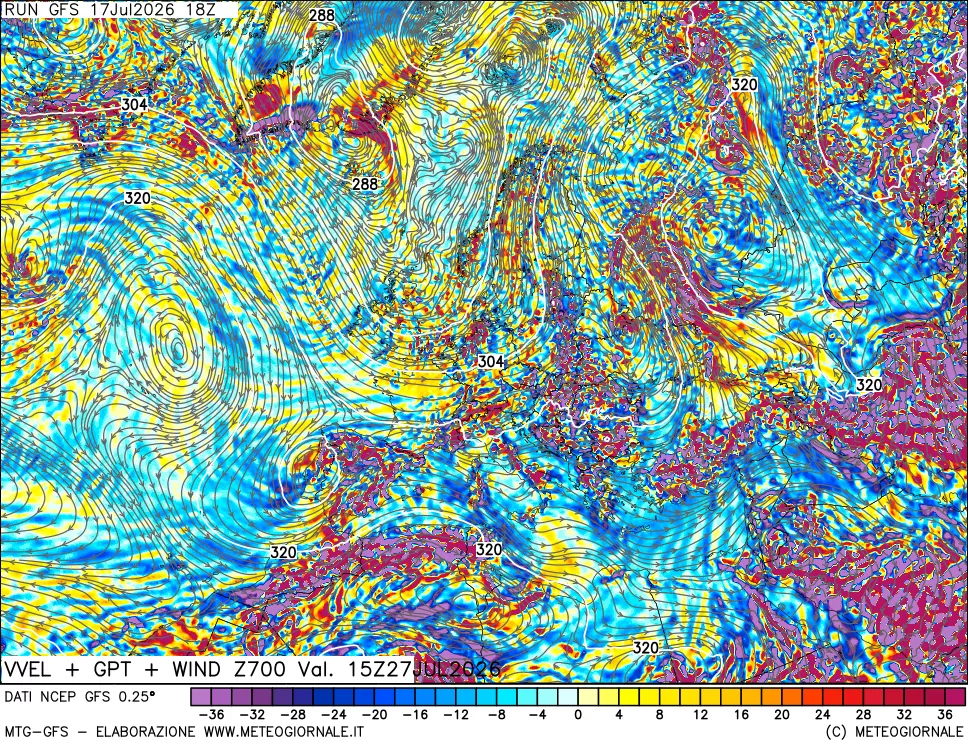 mappa 700 hPa Velocità verticiali + GPT + Vento