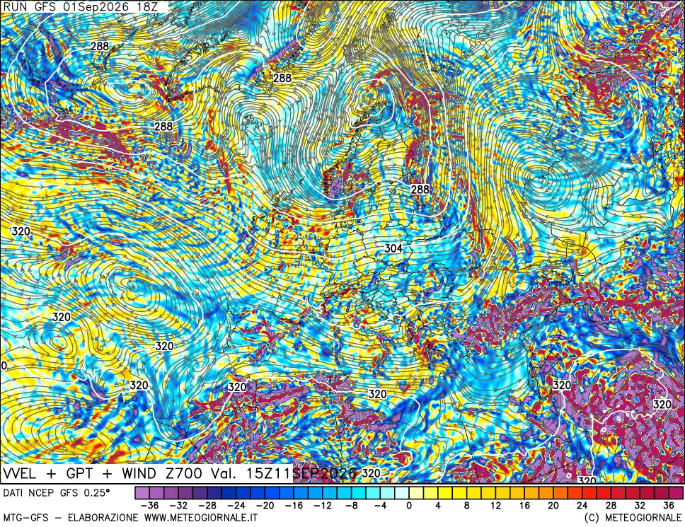 mappa 700 hPa Velocità verticiali + GPT + Vento