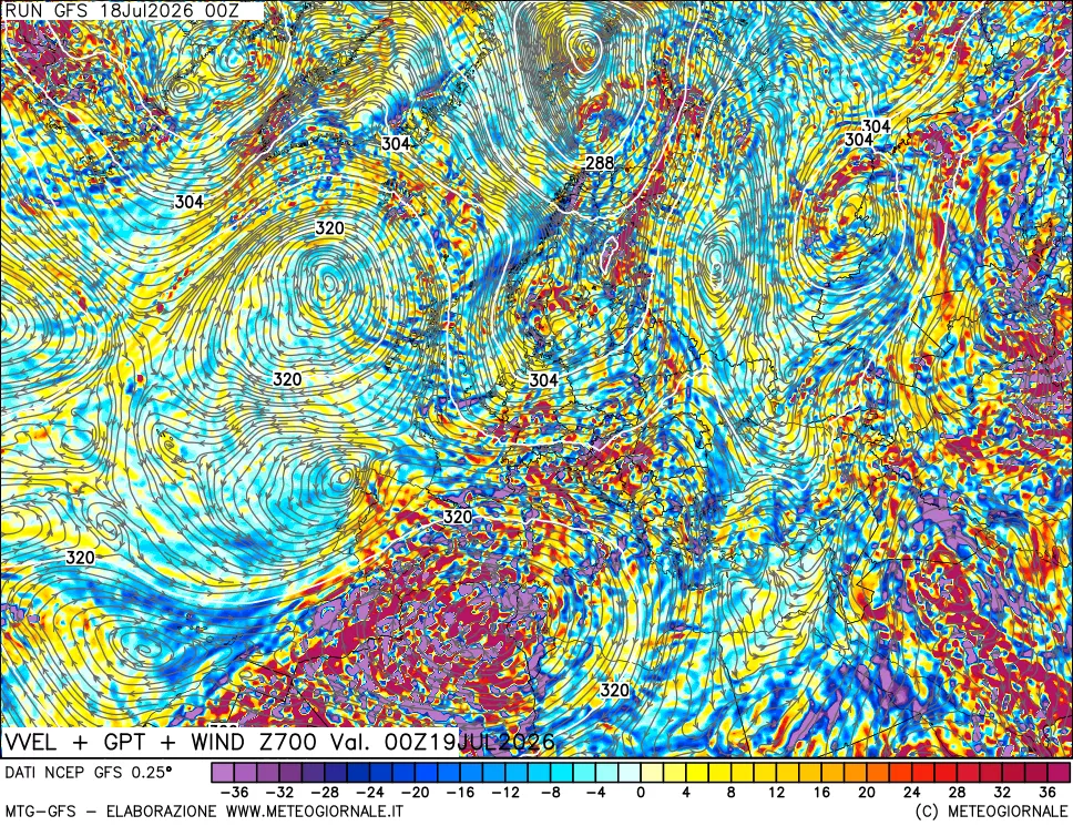 mappa 700 hPa Velocità verticiali + GPT + Vento