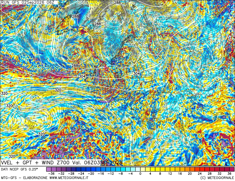 mappa 700 hPa Velocità verticiali + GPT + Vento