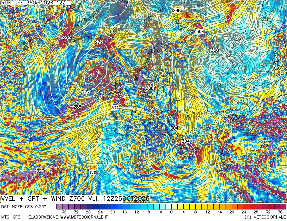 mappa 700 hPa Velocità verticiali + GPT + Vento