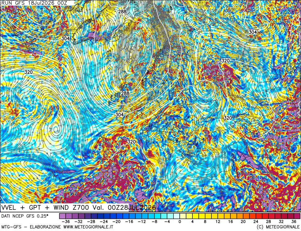 mappa 700 hPa Velocità verticiali + GPT + Vento