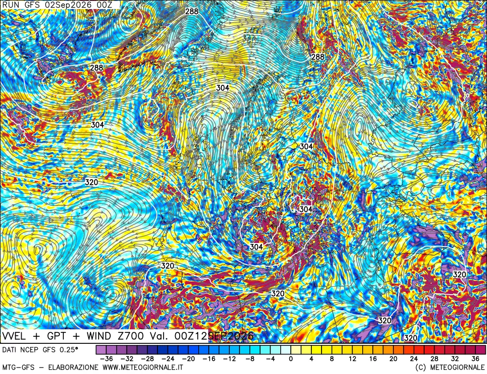 mappa 700 hPa Velocità verticiali + GPT + Vento