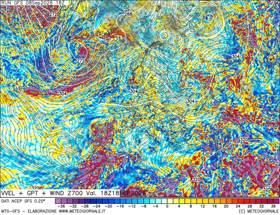 mappa 700 hPa Velocità verticiali + GPT + Vento