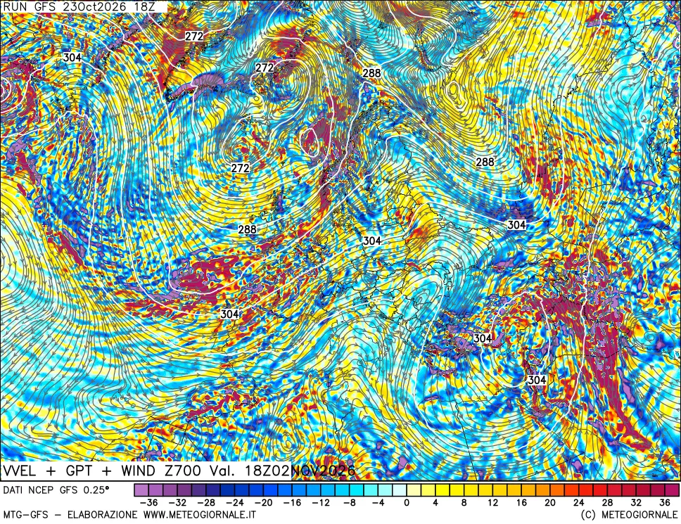 mappa 700 hPa Velocità verticiali + GPT + Vento