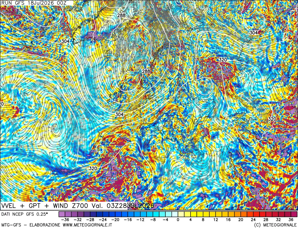 mappa 700 hPa Velocità verticiali + GPT + Vento