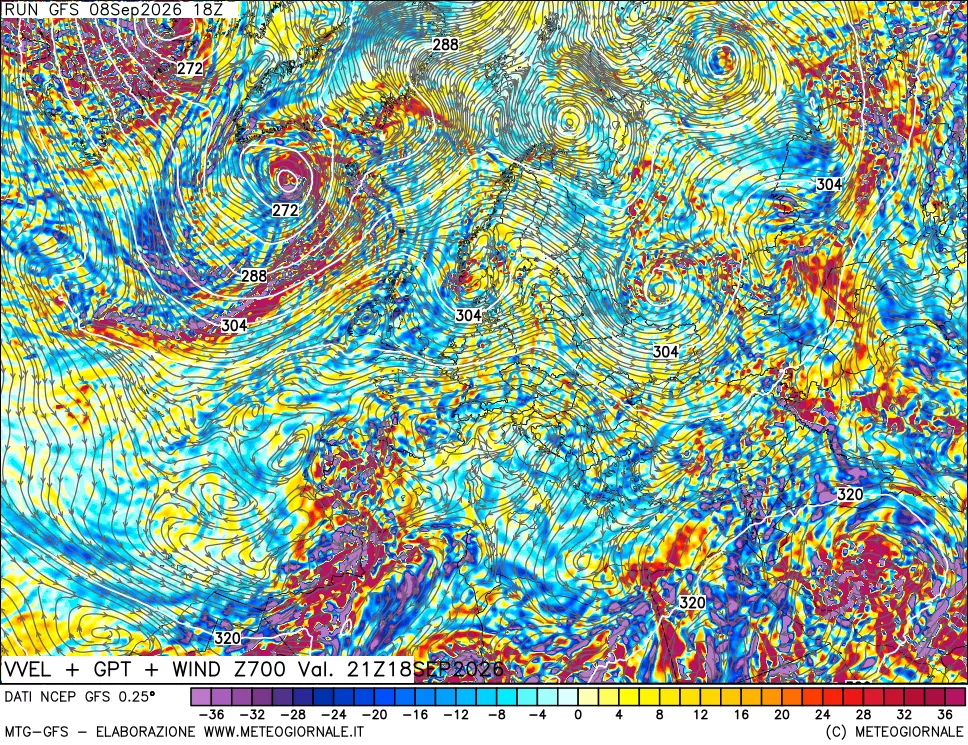 mappa 700 hPa Velocità verticiali + GPT + Vento