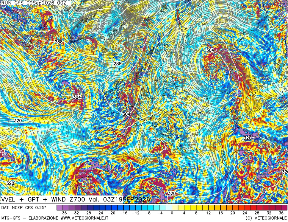 mappa 700 hPa Velocità verticiali + GPT + Vento
