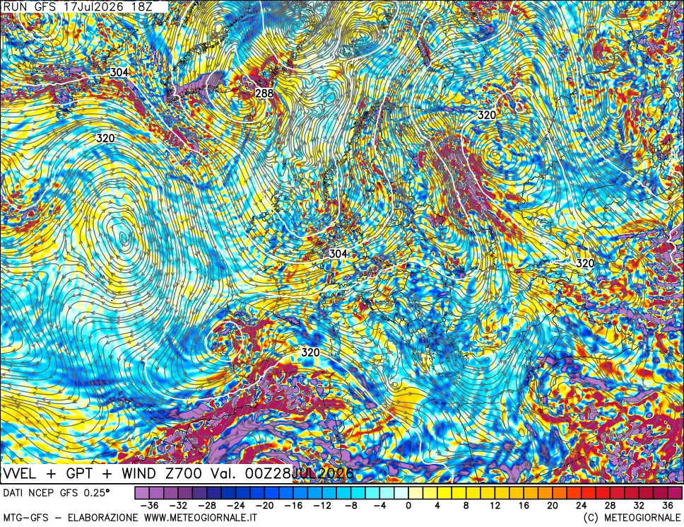 mappa 700 hPa Velocità verticiali + GPT + Vento