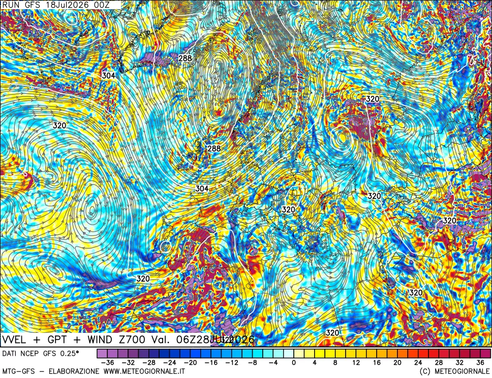 mappa 700 hPa Velocità verticiali + GPT + Vento