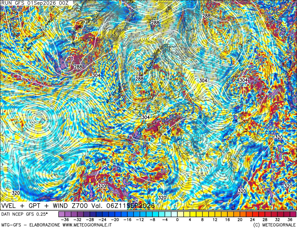 mappa 700 hPa Velocità verticiali + GPT + Vento