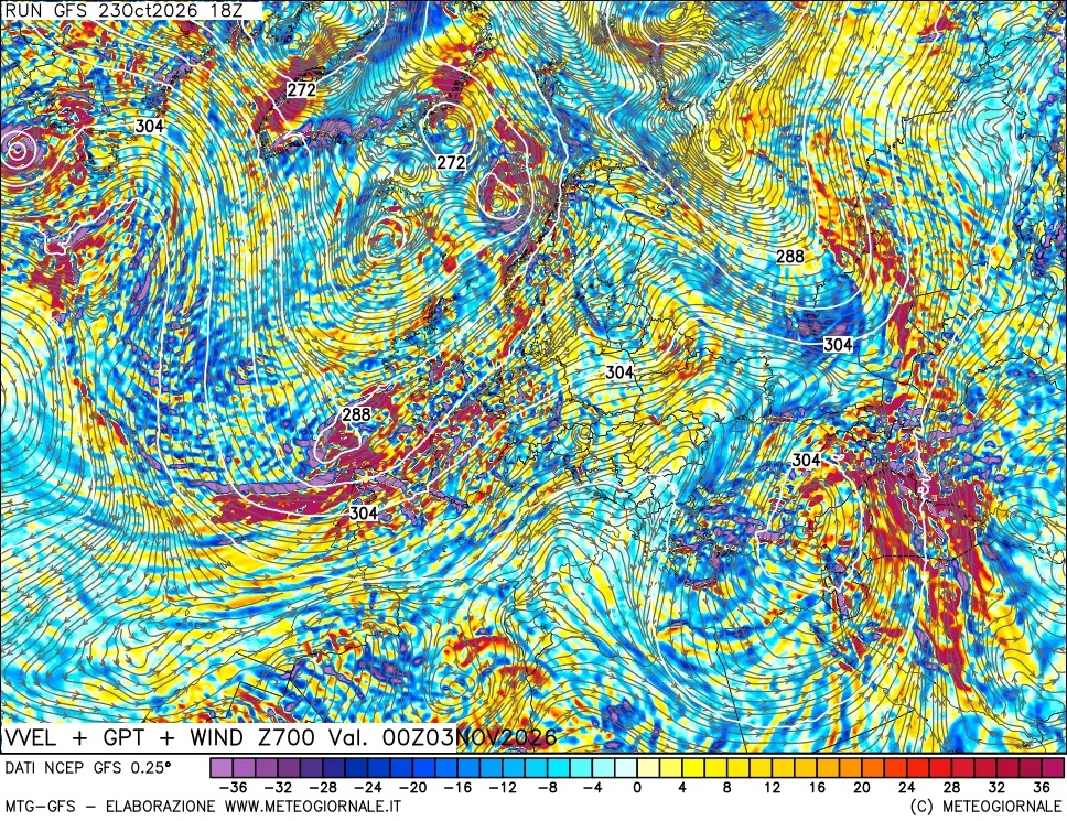 mappa 700 hPa Velocità verticiali + GPT + Vento