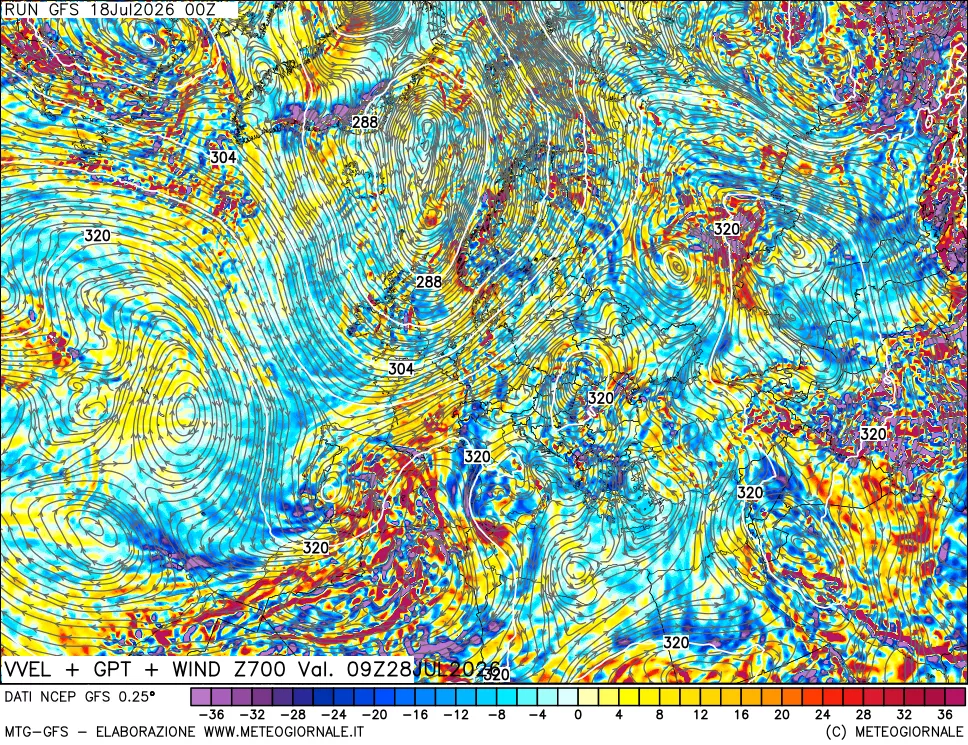 mappa 700 hPa Velocità verticiali + GPT + Vento