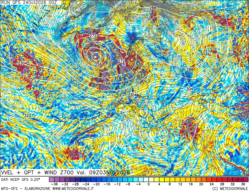 mappa 700 hPa Velocità verticiali + GPT + Vento