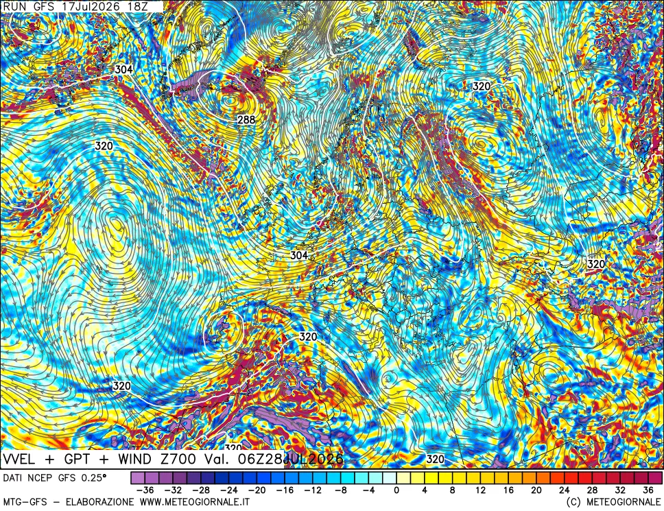 mappa 700 hPa Velocità verticiali + GPT + Vento