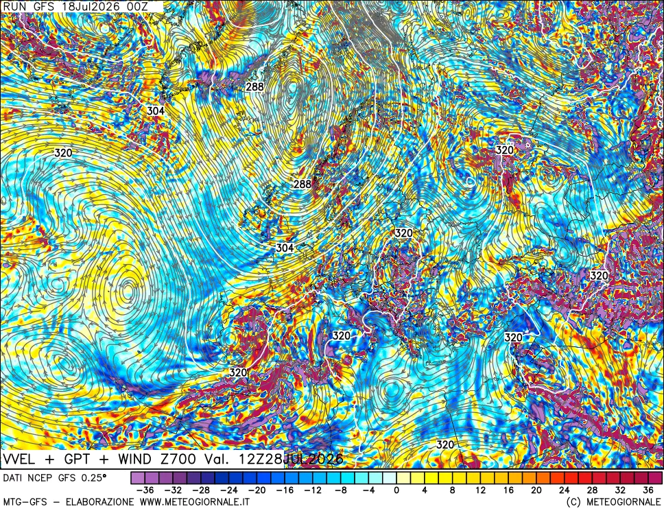 mappa 700 hPa Velocità verticiali + GPT + Vento