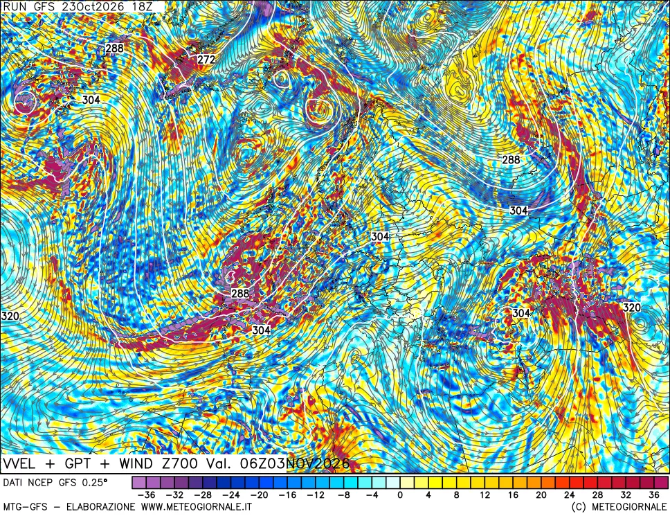 mappa 700 hPa Velocità verticiali + GPT + Vento