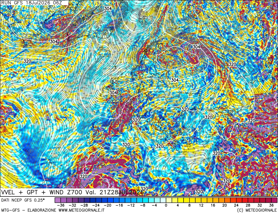 mappa 700 hPa Velocità verticiali + GPT + Vento