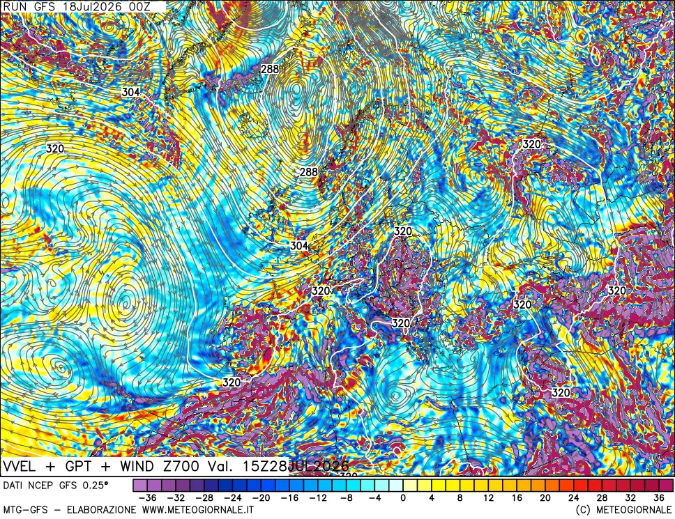 mappa 700 hPa Velocità verticiali + GPT + Vento