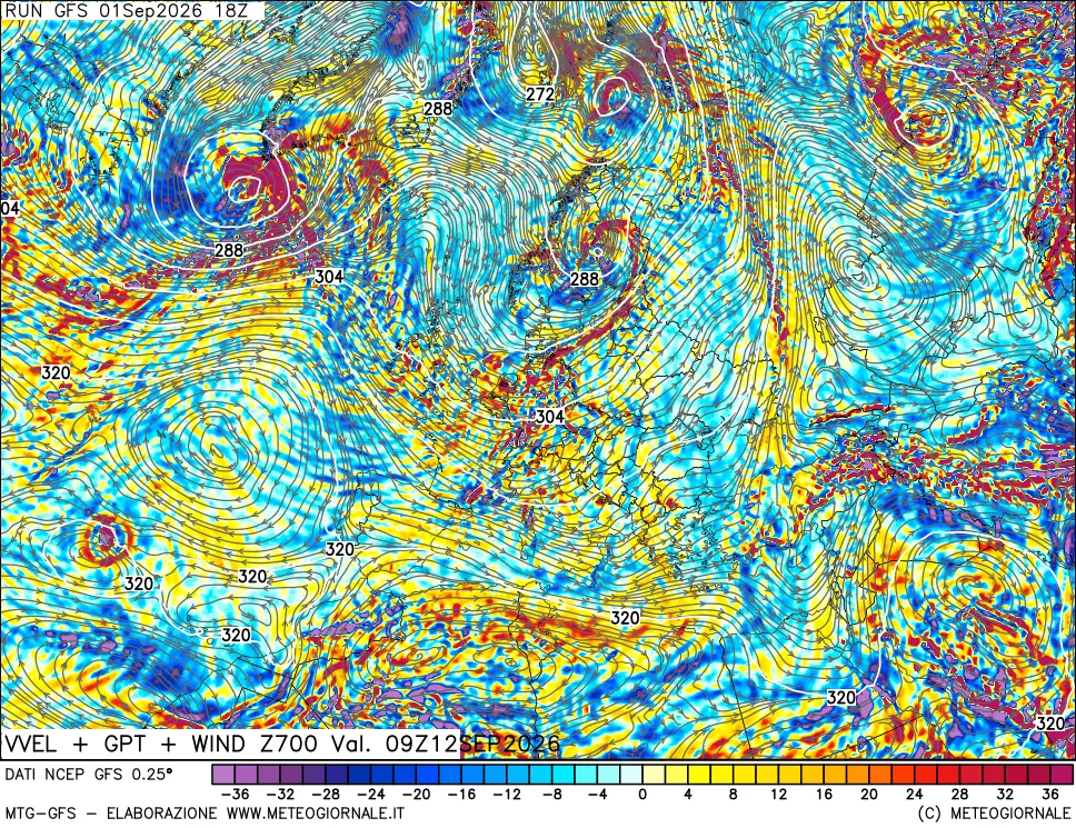 mappa 700 hPa Velocità verticiali + GPT + Vento