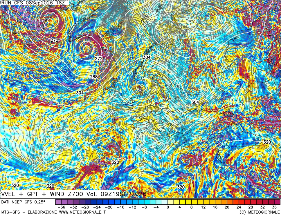 mappa 700 hPa Velocità verticiali + GPT + Vento
