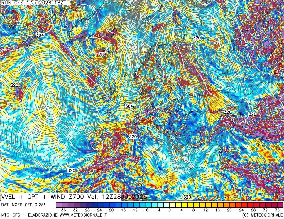 mappa 700 hPa Velocità verticiali + GPT + Vento